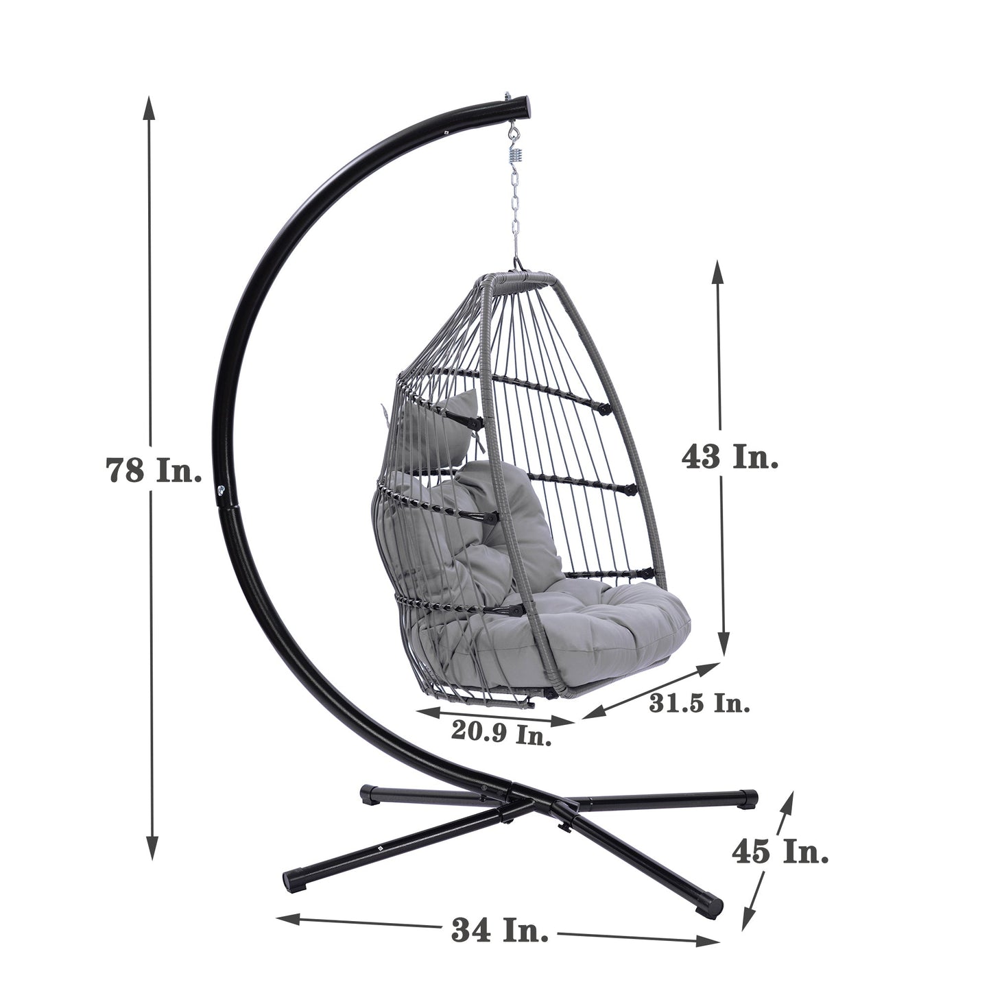 Outdoor Patio Wicker Folding Hanging Chair,Rattan Swing Hammock Egg Chair With C Type Bracket, With Cushion And Pillow-5