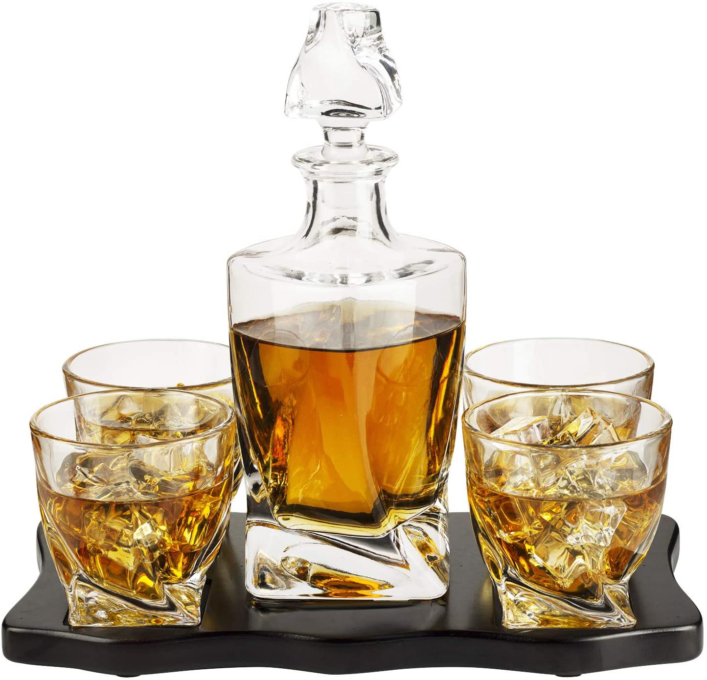 The Wine Savant Italian Crafted Crystal 5 Piece European Style Wine & Whiskey Decanter 855ml with 4 Glasses & Wood Sophisticated Tray Set Spirits, Scotch, & Bourbon Whiskey Decanter Sets for Men-2