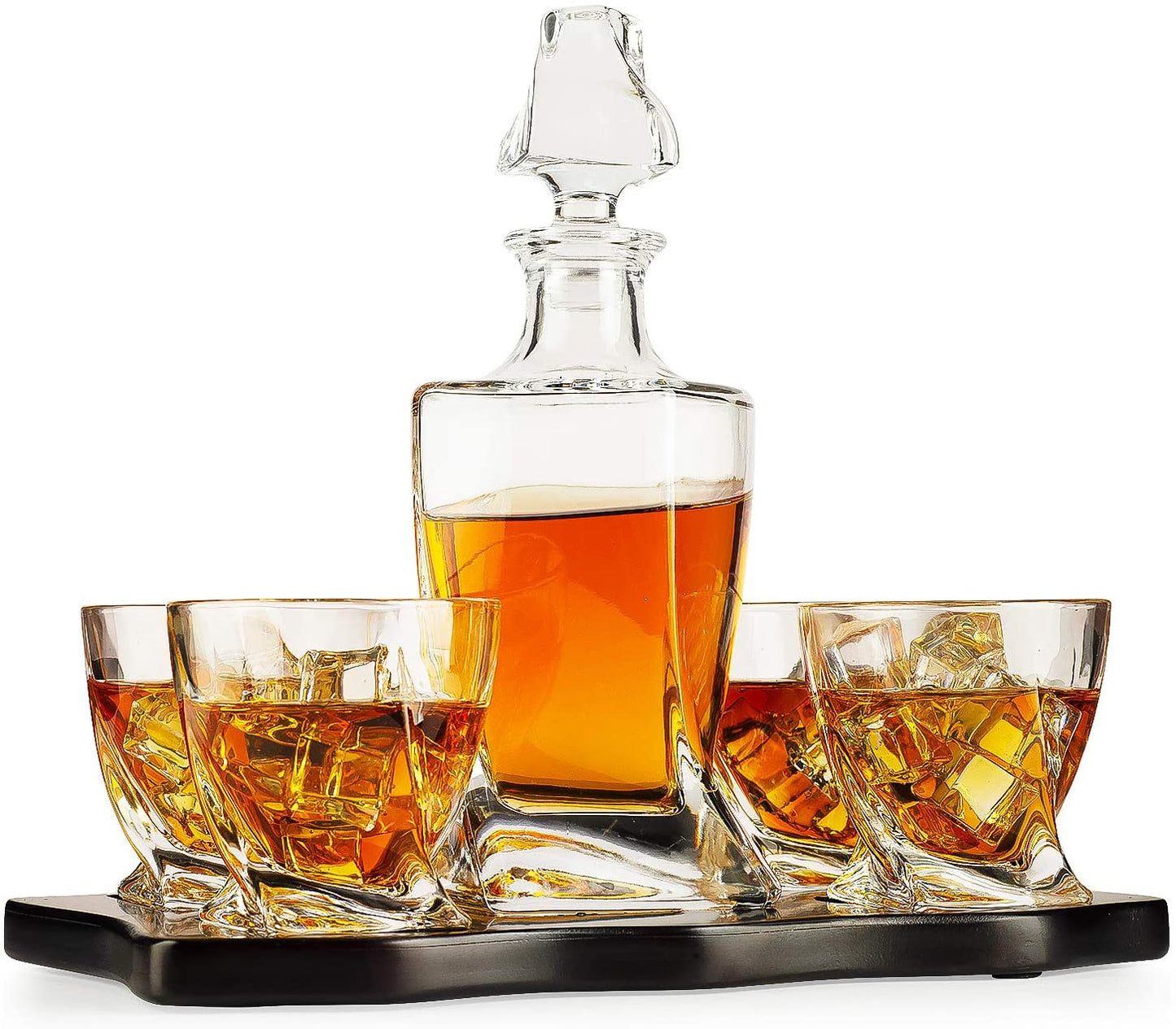 The Wine Savant Italian Crafted Crystal 5 Piece European Style Wine & Whiskey Decanter 855ml with 4 Glasses & Wood Sophisticated Tray Set Spirits, Scotch, & Bourbon Whiskey Decanter Sets for Men-3