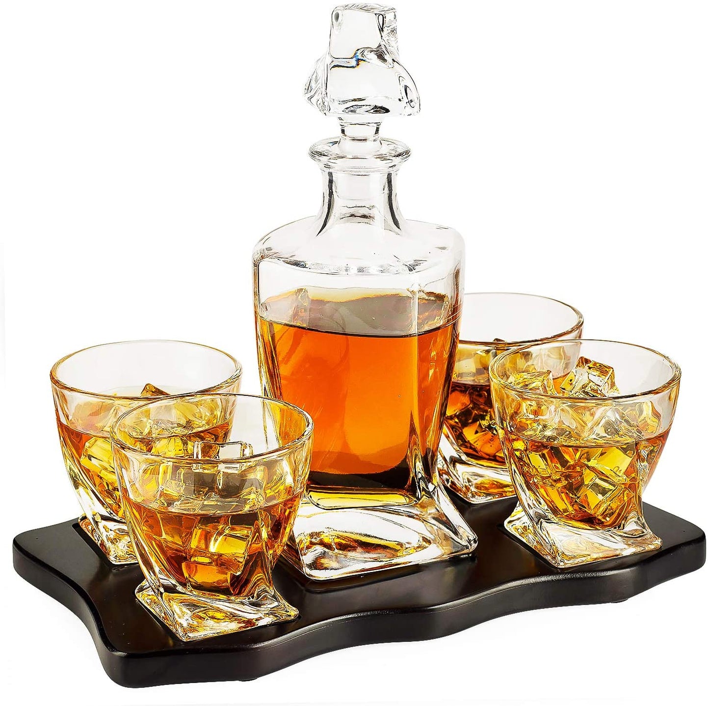 The Wine Savant Italian Crafted Crystal 5 Piece European Style Wine & Whiskey Decanter 855ml with 4 Glasses & Wood Sophisticated Tray Set Spirits, Scotch, & Bourbon Whiskey Decanter Sets for Men-4