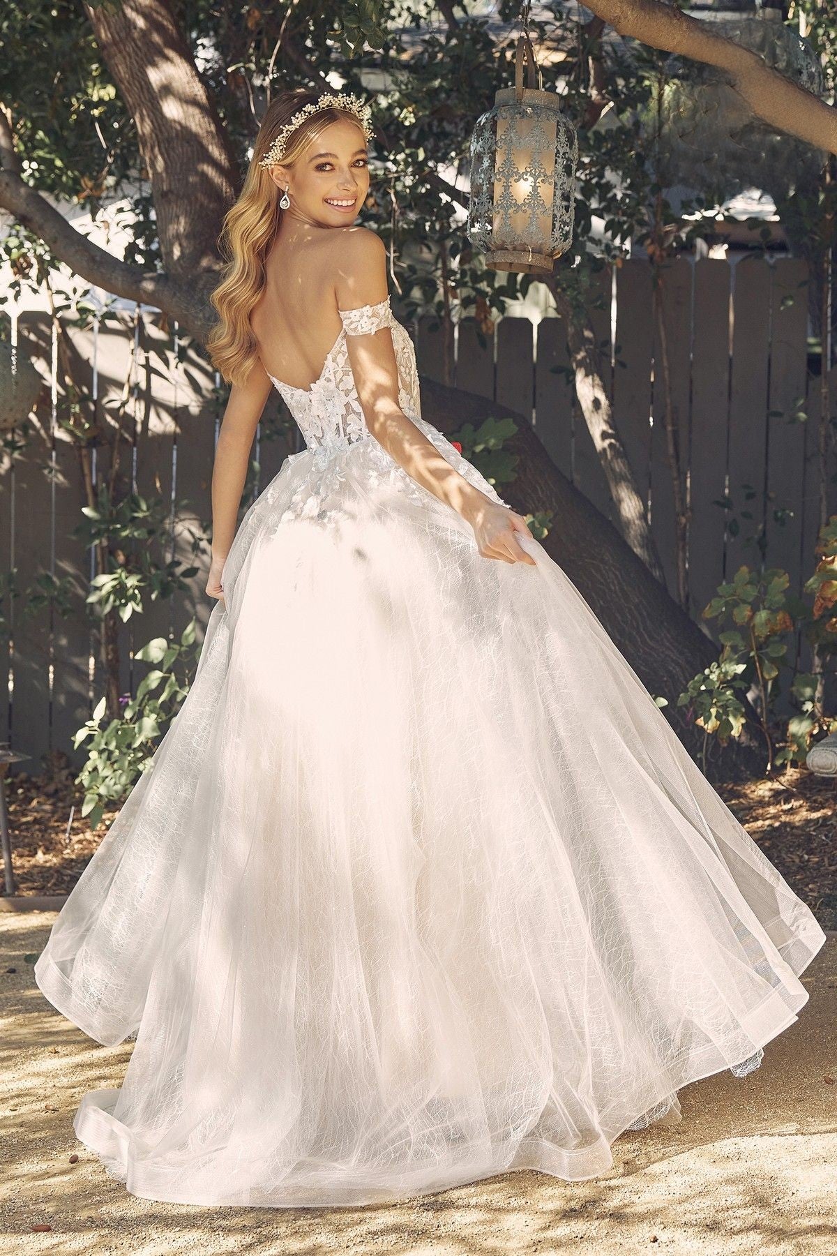 Tulle Off-Shoulder with Floral Bodice Open Back Long Wedding Dress NXC1199W-3