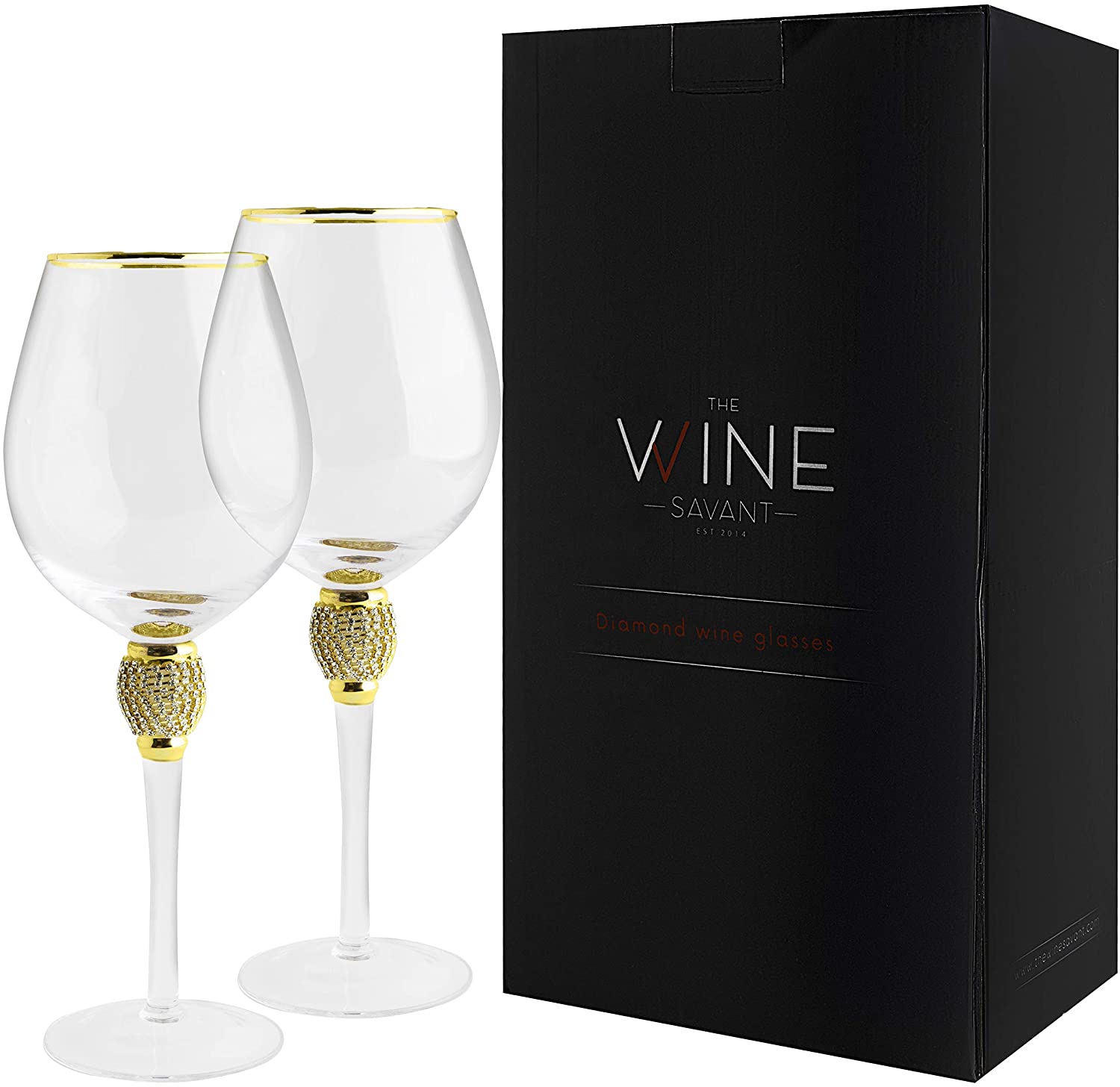 The Wine Savant Large Diamond Wine Glasses, Gold Rim Rhinestone Diamond Glasses - Wedding Glasses - 15 Ounce, Premium Designed Wine Glasses for Spirits and Wine, Gift Boxed (2, Clear)-3