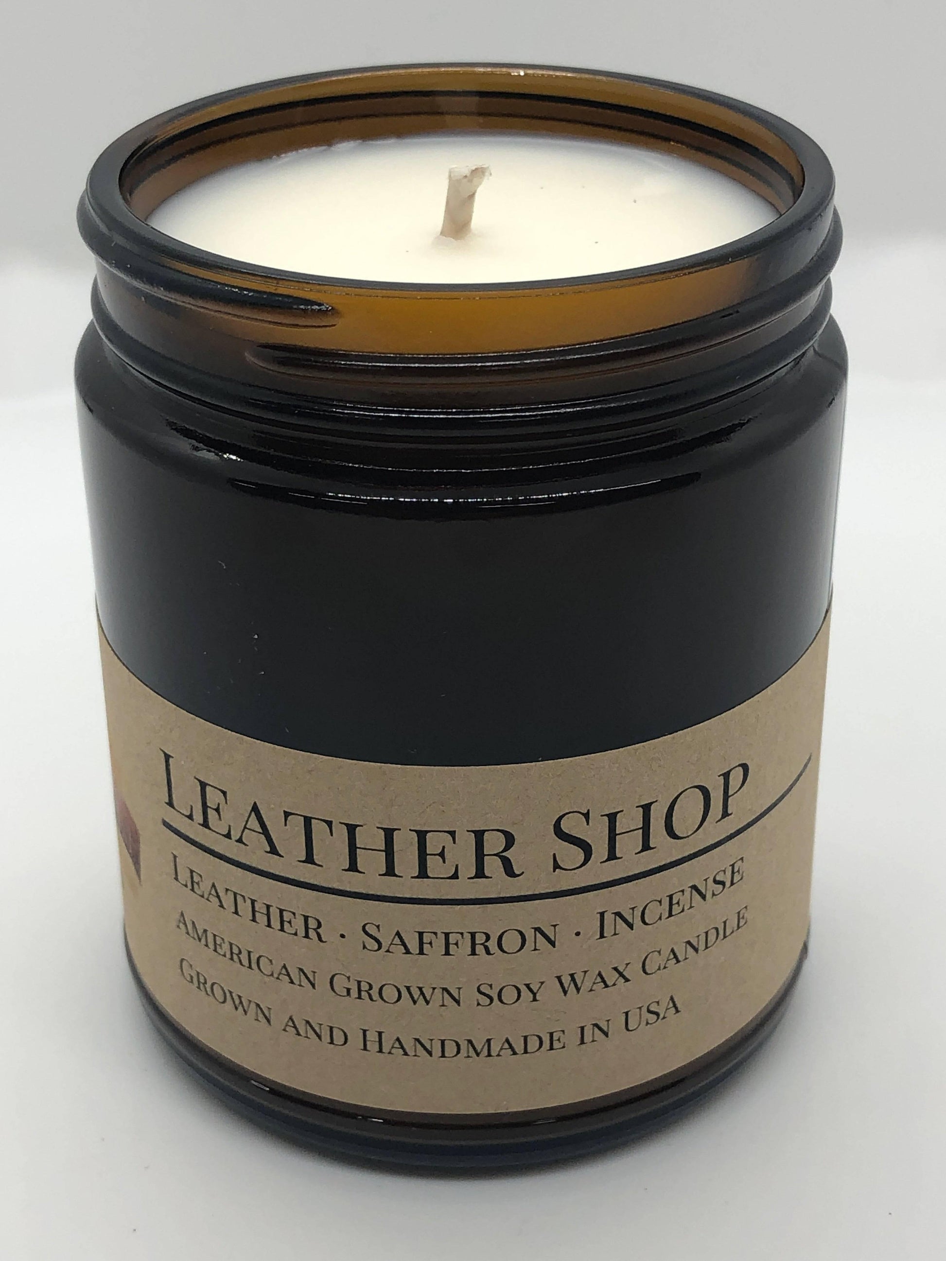 Leather Shop Soy Wax Candle | 9 oz Amber Apothecary Jar-3