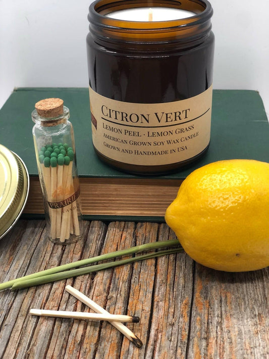 Citron Vert Soy Wax Candle | 9 oz Amber Apothecary Jar-0