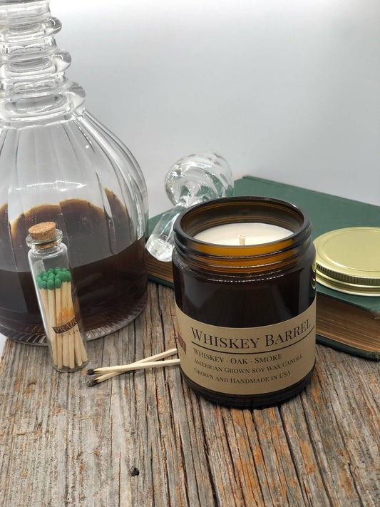 Whiskey Barrel Soy Wax Candle | 9 oz Amber Apothecary Jar-0