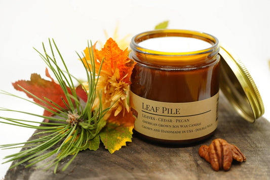 Leaf Pile Soy Wax Candle | 16 oz Double Wick Amber Apothecary Jar-0