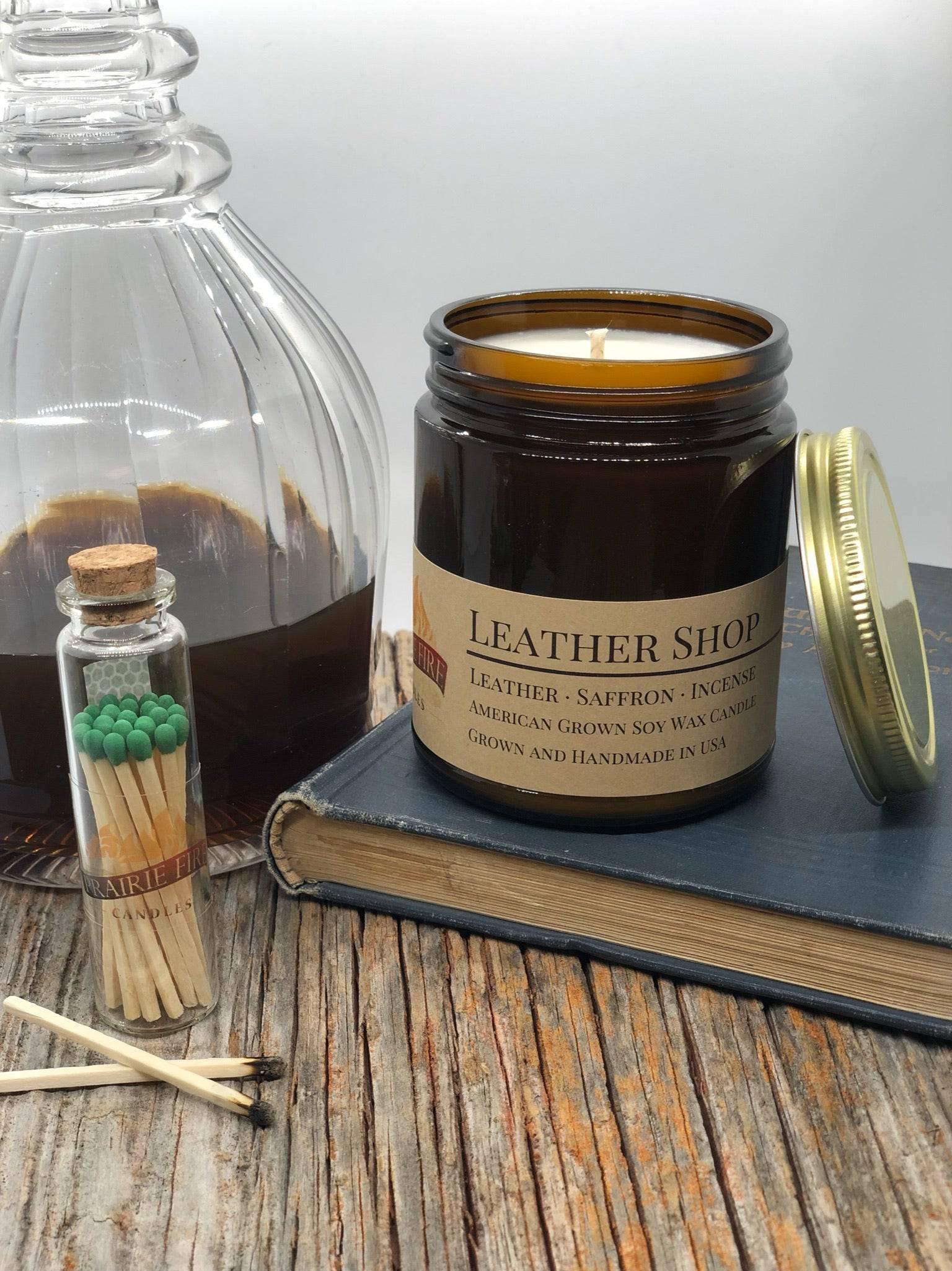 Leather Shop Soy Wax Candle | 9 oz Amber Apothecary Jar-0