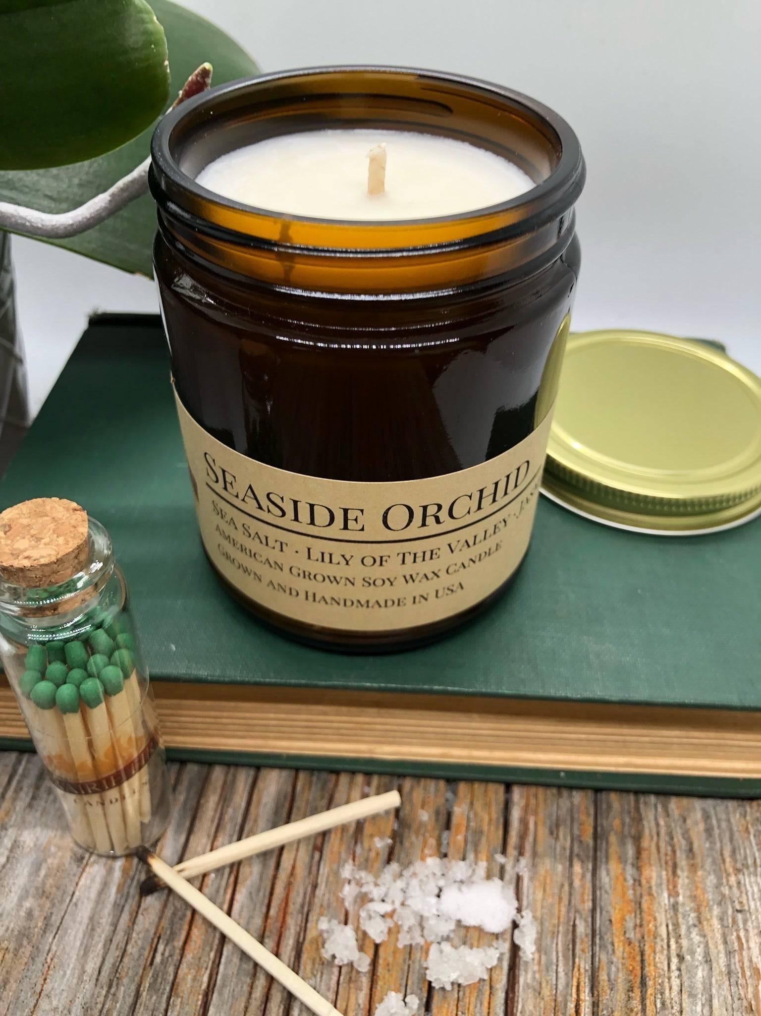 Seaside Orchid Soy Wax Candle | 9 oz Amber Apothecary Jar-0