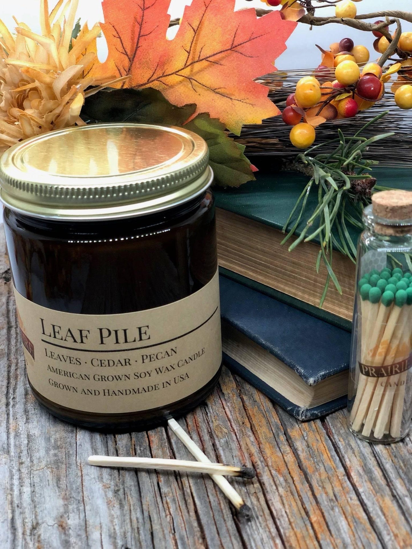 Leaf Pile Soy Wax Candle | 9 oz Amber Apothecary Jar-1