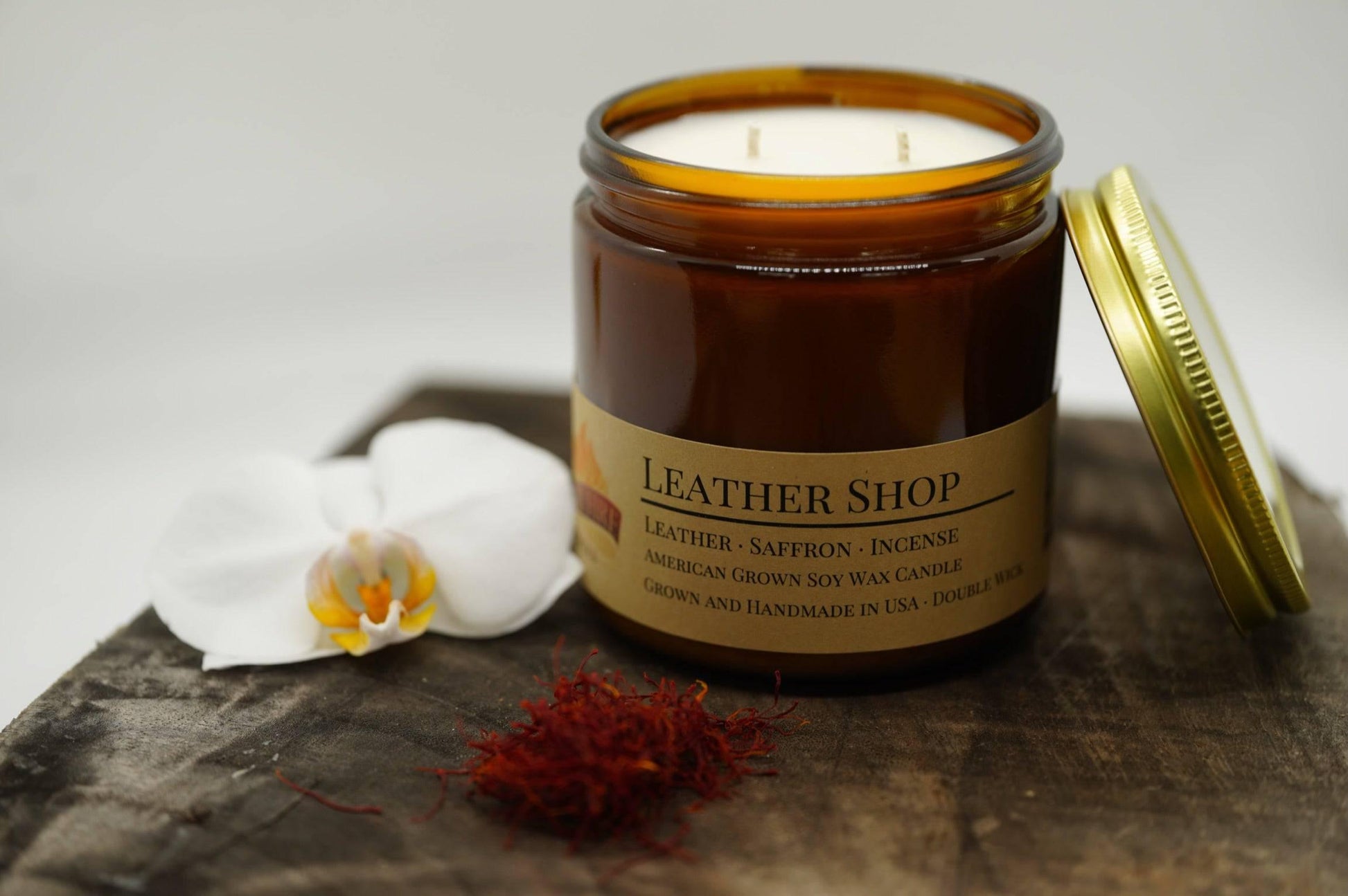 Leather Shop Soy Wax Candle | 16 oz Double Wick Amber Apothecary Jar-2