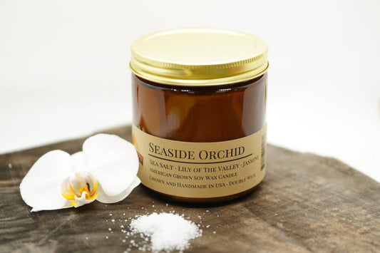 Seaside Orchid Soy Wax Candle | 16 oz Double Wick Amber Apothecary Jar-0