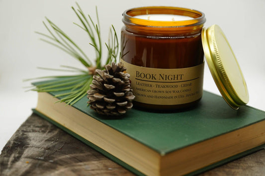 Book Night Soy Wax Candle | 16 oz Double Wick Amber Apothecary Jar Candle-0