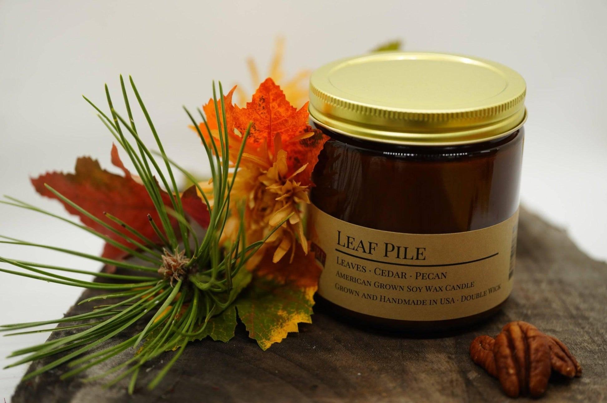 Leaf Pile Soy Wax Candle | 16 oz Double Wick Amber Apothecary Jar-1