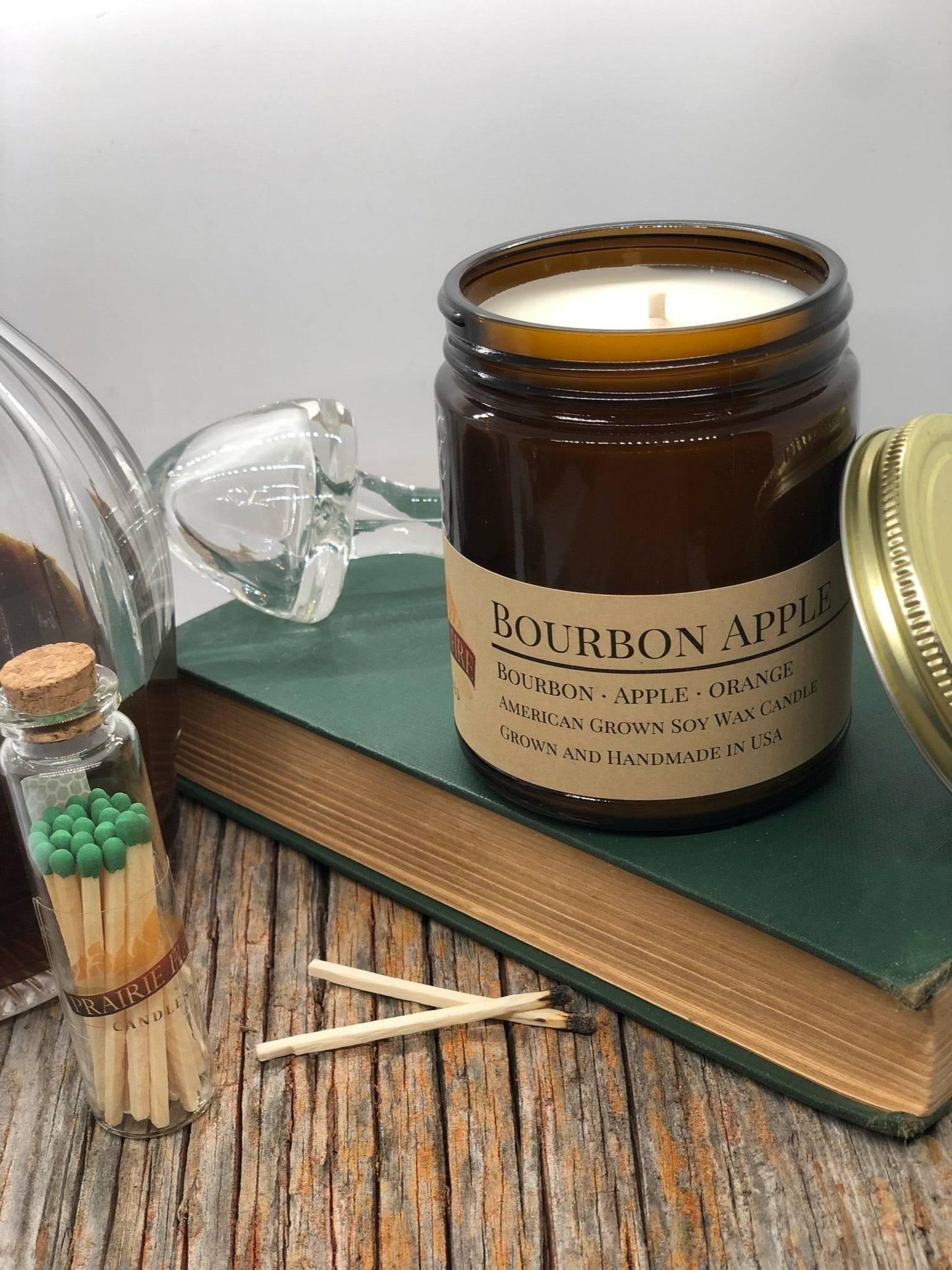 Bourbon Apple Soy Wax Candle | 9 oz Amber Apothecary Jar-0