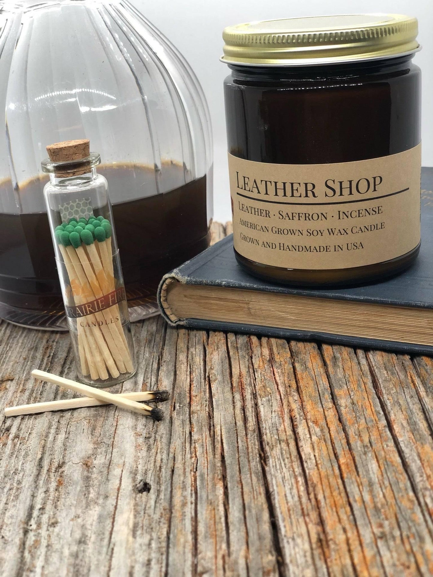 Leather Shop Soy Wax Candle | 9 oz Amber Apothecary Jar-1