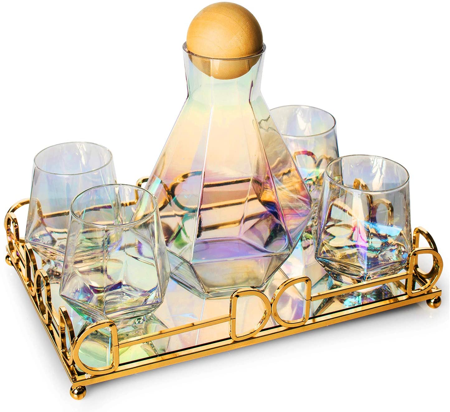 Diamond Iridescent Glass Diamond Decanter and Glasses Set, The Wine Savant Rainbow Iridescent Comes With A Diamond Decanter 4 Whiskey/Wine Diamond Glasses, 1 Tray and a Perfect Box-3