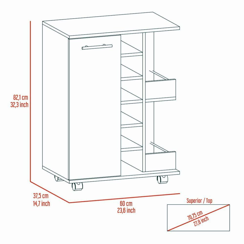 Bar Cart Wells, Four Casters, Dark Walnut Finish-7