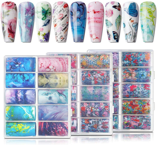 Nail Foil Sticker Kit, 30 Rolls Nail Foil Transfer Flower Butterfly Marble Design Nail Decals Nail Foil Transfer Sticker-0