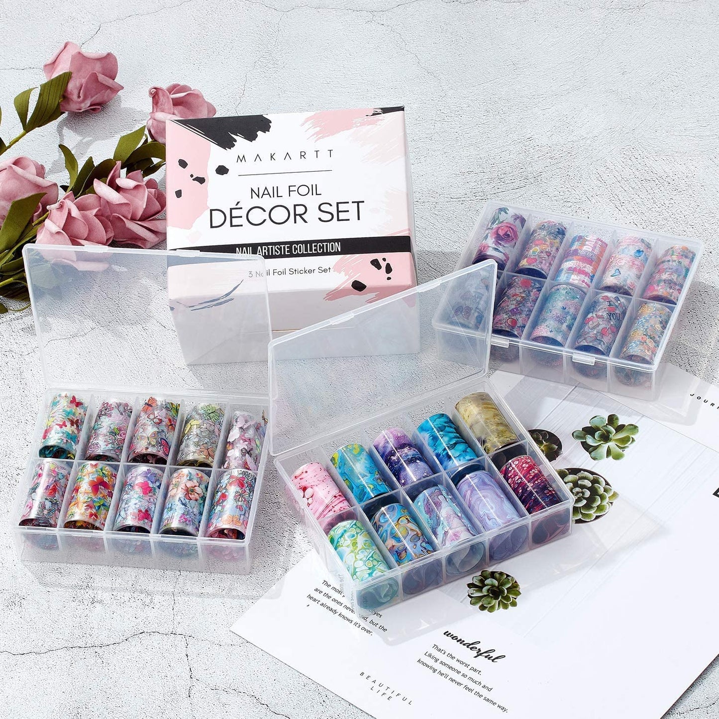 Nail Foil Sticker Kit, 30 Rolls Nail Foil Transfer Flower Butterfly Marble Design Nail Decals Nail Foil Transfer Sticker-10