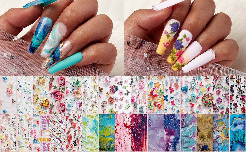 Nail Foil Sticker Kit, 30 Rolls Nail Foil Transfer Flower Butterfly Marble Design Nail Decals Nail Foil Transfer Sticker-2