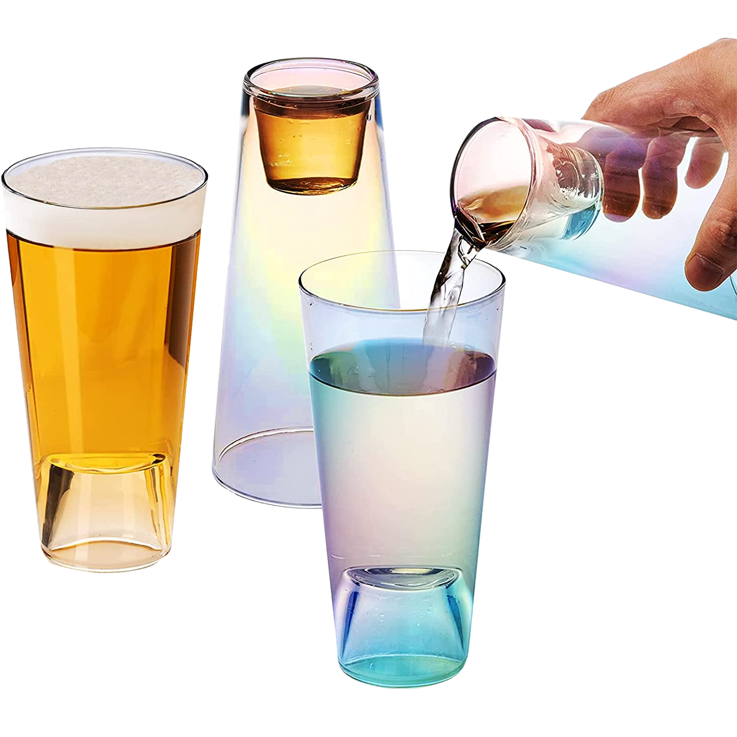 Shot in the Pint Glass, Take a Shot Funny Beer Glass/Mug 4-Set 7"H The Wine Savant - Beers Pilsner Tumblers Perfect for Entertaining, Home Bar, Weddings, Parties, Funny Gifts 21oz (640mL) (Iridescent)-0