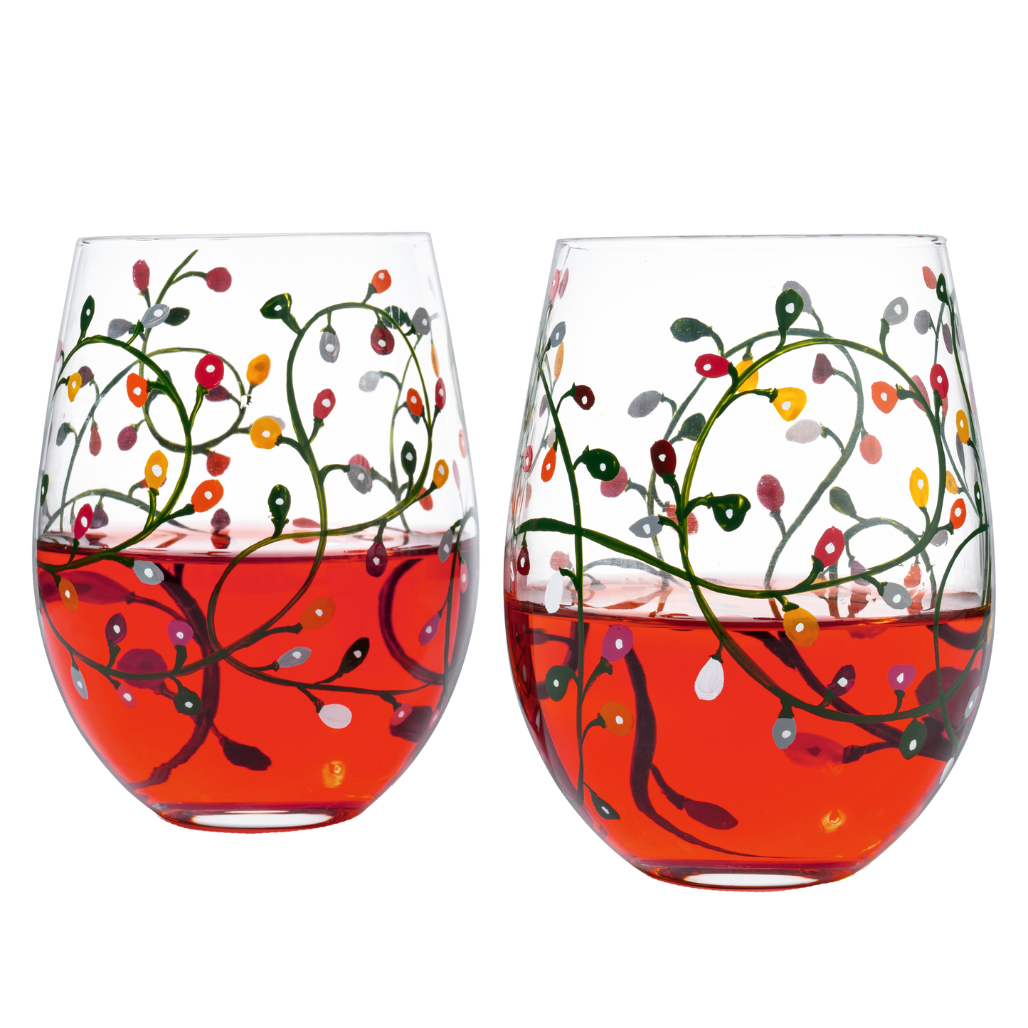 Themed Lights Stemless Wine & Water Glasses - Artisanal Hand Painted Ornament Light Bulbs Glasses - Xmas Tree - Set of 2, 17.5oz - Santa Festive Theme Stemless Glass-0