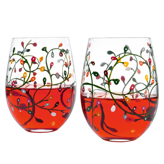 Themed Lights Stemless Wine & Water Glasses - Artisanal Hand Painted Ornament Light Bulbs Glasses - Xmas Tree - Set of 2, 17.5oz - Santa Festive Theme Stemless Glass-0