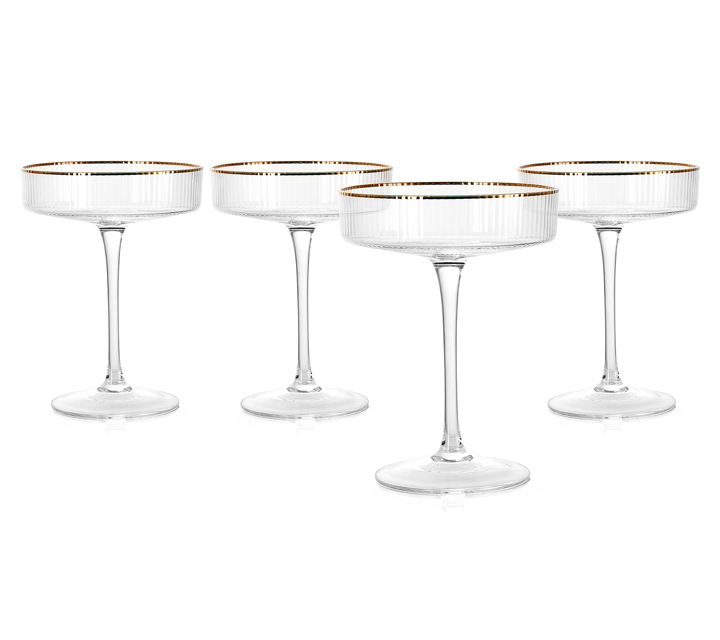 Ribbed Coupe Cocktail Glasses With Gold Rim 8 oz | Set of 4 | Classic Manhattan Glasses For Cocktails, Champagne Coupe, Ripple Coupe Glasses, Art Deco Gatsby Vintage, Crystal with Stems-5