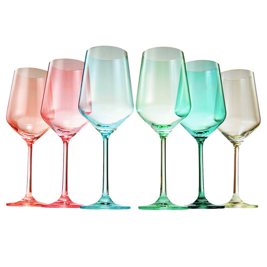 Colored Crystal Wine Glass Set of 6, Gift For Mothers Day, Her, Wife, Mom Friend - Large 12 oz Glasses, Unique Italian Style Tall Drinkware - Red & White, Dinner, Beautiful Glassware - (Summer)-0