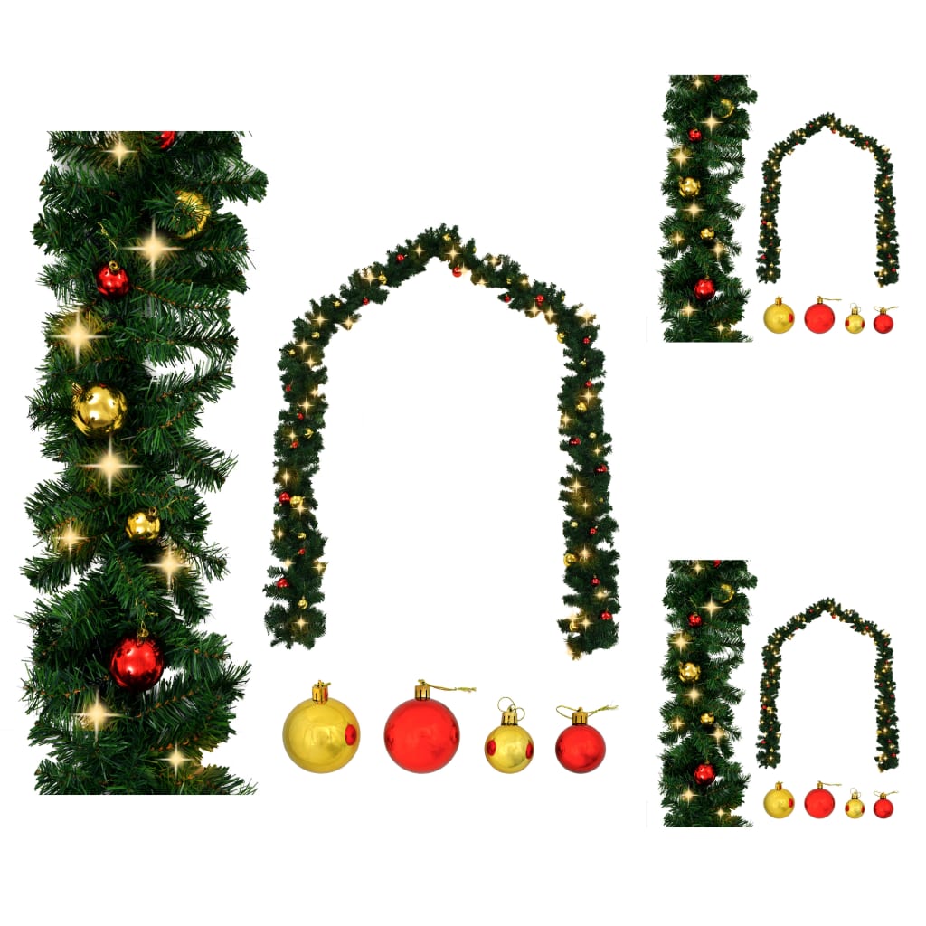 vidaXL Christmas Garland Artificial Garland with Baubles and LED Lights Green-1