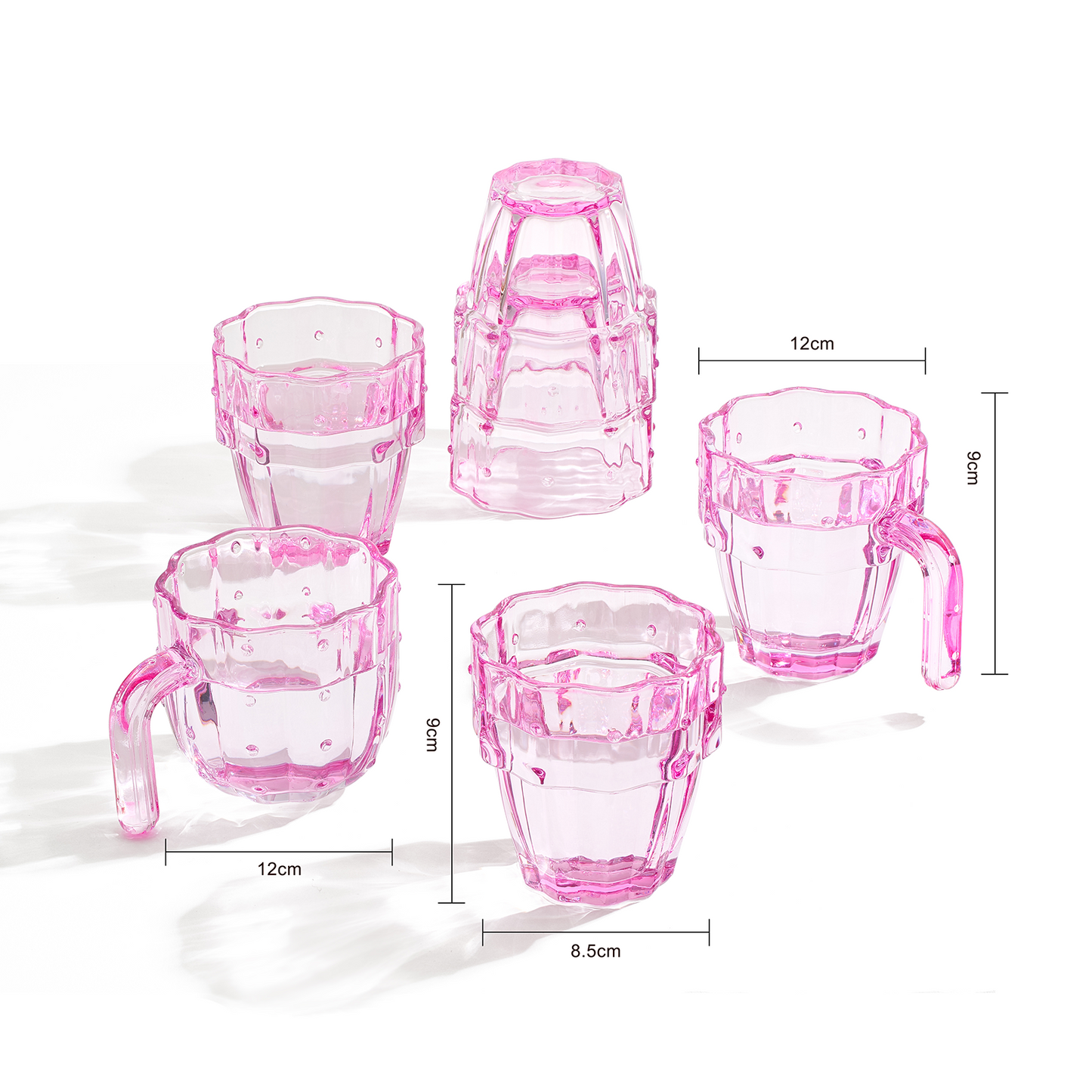 Cactus Stackable Glasses, Stacktus Gifts, Set of 6-10 oz Cactus Shape Glasses With Handles Pink Glass Blown Figurines Plant Decorations for Parties 3.5" H 5" W - Copyright Design, Patent Pending-3